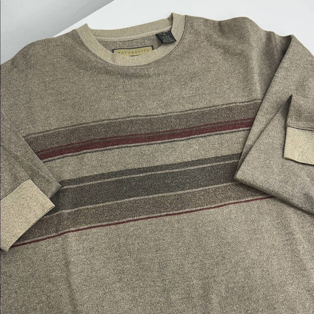 Naturalife Men's Tan and Browns Striped Crewneck Cotton Long Sleeve Sweater